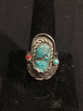 Handmade Old Pawn Native American 30mm Long Feather Motif Top w/ Turquoise & Coral Center Accents
