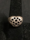 Star Decorated 14mm Wide Tapered Puffy Heart Top Sterling Silver Ring Band