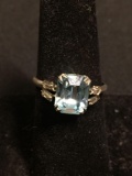 Emerald Cut Faceted 10x8mm Blue Topaz Center w/ Baguette CZ Sides Signed Designer Sterling Silver