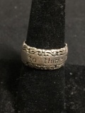 MWS Designer Filigree Decorated 9mm Wide To Thine Own self be True Motif Sterling Silver Band