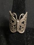 Milgrain Filigree Decorated 24mm Long Tapered Handmade Signed Designer Sterling Silver Butterfly