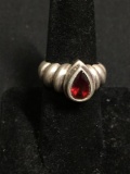 Bezel Set 9x7mm Pear Faceted Garnet Center Scallop Detailed Shoulders NF Designer Sterling Silver