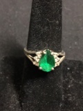 HMI Designer Pear Faceted 10x8mm Created Emerald Center w/ Round CZ Sides Sterling Silver Ring Band