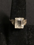 Emerald Cut Faceted 10x8mm White CZ Center Milgrain Marcasite Accented Vintage Old Pawn Signed