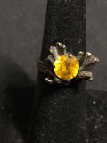 Round Faceted 8mm Citrine Center Organic Motif 14mm Wide Tapered Handmade Old Pawn Sterling Silver