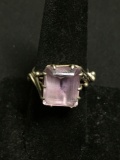 Emerald Cut Faceted 12x11mm Amethyst Center Handmade Old Pawn Scroll Design Sterling Silver Ring