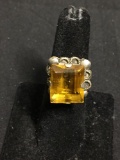 Emerald Cut Faceted 15x12mm Citrine Center Old Pawn Native American Sterling Silver Ring Band