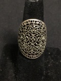 Marsala Designer Oval 28mm Long Tapered Ornate Filigree Decorated Top Sterling Silver Ring Band