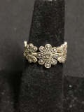 CW Designer Five Graduating Milgrain Decorated Floral Pattern Center 10mm Wide Sterling Silver Ring