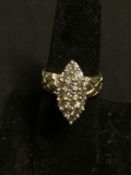 Marquise Shaped Round Faceted CZ Studded 18x8mm Cluster Top w/ Textured Shoulders Sterling Silver
