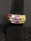 Triple Row Multi-Colored Oval Faceted Cluster Centers 10mm Wide Thai Made Signed Designer Sterling