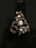 Handmade Old Pawn Freeform Porous Triangular 30x25mm Top w/ Shell & Pearl Accents Heavy Sterling