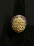 BBJ Designer Round Faceted Opal Cluster Center w/ Round Ruby Halo 22mm Wide Tapered Sterling Silver