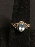 Oval Faceted 7x5mm Blue Topaz Center Rope Detailed Frame Vintage Old Pawn Sterling Silver Ring Band