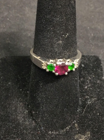 Round Faceted 5mm Purple CZ Center w/ Twin Round 3mm Green CZ Sides East Indian Made Signed Designer