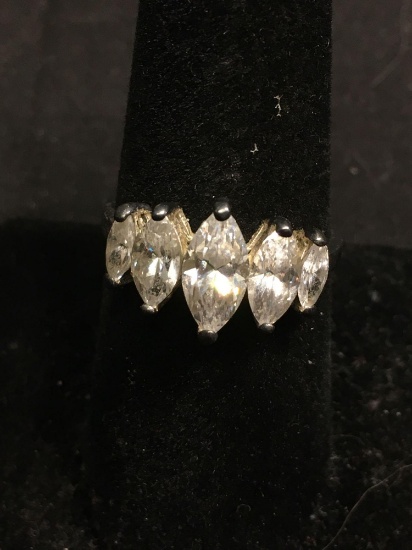 Marquise Faceted 10x5mm CZ Center w/ Four Graduating Marquise Faceted CZ Sides Signed Designer