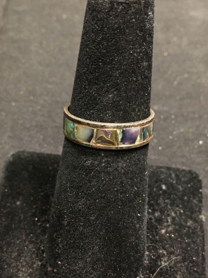 Eternity Design w/ Square Abalone Inlay 5mm Wide Old Pawn Mexico Sterling Silver Band