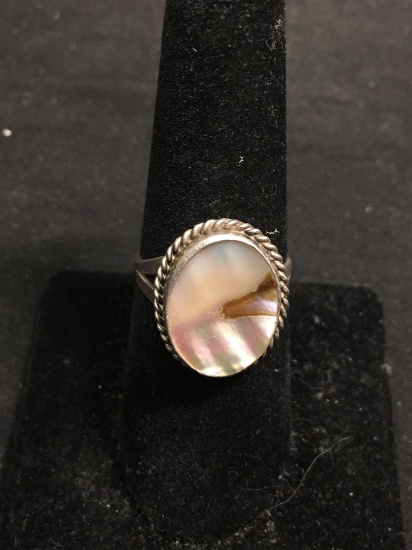 Oval 16x12mm Mother of Pearl Center w/ Rope Detail Split Shank Old Pawn Mexico Sterling Silver Ring