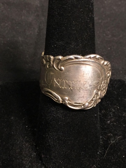 Floral Filigree Decorated 18mm Wide Tapered Engravable Vintage Spoon Bypass Sterling Silver Ring