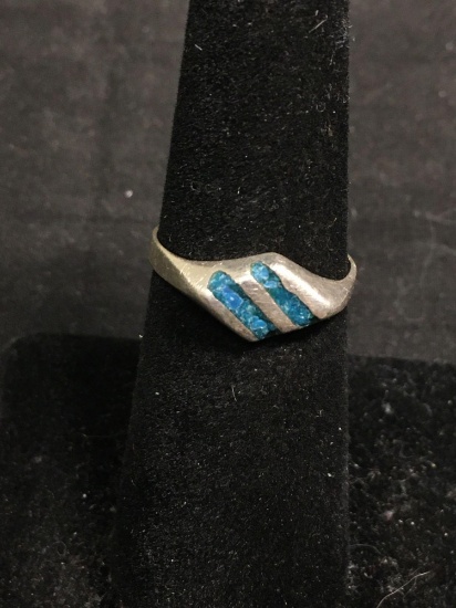 Broken Edge Turquoise Inlaid Old Pawn Mexico 7.5mm Wide Tapered Sterling Silver Ring Band