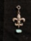 Fleur De Lis Motif 20x17mm Sterling Silver Pendant w/ Rough Turquoise Drop