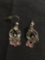 Vintage Floral Motif 40x15mm Milgrain Detailed Pair of Sterling Silver Chandelier Earrings w/ Pink