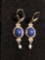 Oval 10x8mm Lapis Cabochon Center w/ Round 3mm Pearl Drop 40mm Long Pair of Sterling Silver Drop