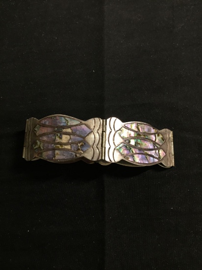 Colorful Abalone Inlaid Engraving Decorated 23mm Wide 7in Long Old Pawn Mexico Sterling Silver Link