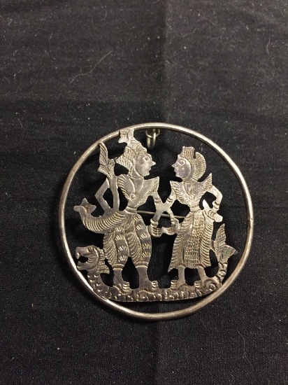 Old Pawn Siam Mekhala & Ramasura Motif Handmade 43mm Diameter Round Sterling Silver Pendant or