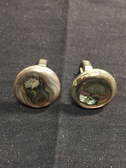 Taxco Designer Old Pawn Mexico Round 22mm Diameter Abalone Cabochon Pair of Sterling Silver