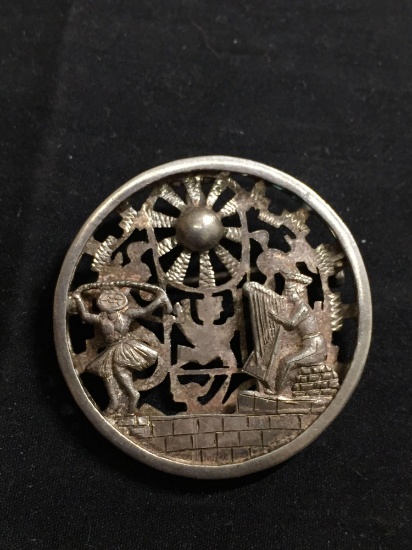 Handmade Old Pawn Peruvian 40mm Diameter Round 3D Style Festival Portrait Sterling Silver Pendant or