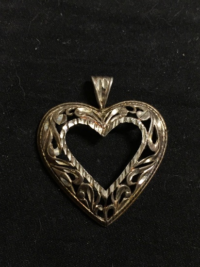 Laser-Carved Filigree Decorated 35x30mm Signed Designer Sterling Silver Heart Pendant