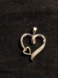 Round Faceted Diamond Accented 23x17mm Signed Designer Sterling Silver Ribbon Heart Pendant w/ 10Kt