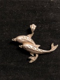 Laser-Carved Detailed 35x30mm Twin Dolphin Motif Sterling Silver Signed Designer Pendant