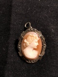 Oval 18x13mm hand-Carved Shell Lady Cameo Marcasite Accented 800 Silver Vintage Pendant