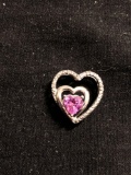 Heart Faceted 5x5mm Pink Sapphire Center w/ Round Faceted Diamond Accents Signed Designer Sterling