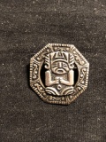 Octagonal 22mm Diameter Old Pawn Mexico Mayan Themed Antique Finished Sterling Silver Brooch