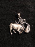 Spanish Bull & Matador Detailed 35x30mm Handmade Sterling Silver Pendant