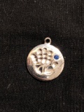 Thai Made High Polished 15mm Diameter Round Sterling Silver Hand Print Pendant w/ Blue Gem Accent