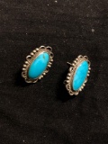 Oval 17x10mm Turquoise Cabochon Center Bead Ball & Scallop Framed Old Pawn Native American Pair of