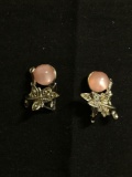 Round 9mm Rose Quartz Cabochon Featured 27x20mm Leaf Motif Pair of Sterling Silver Earrings