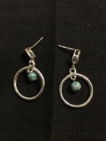 Round 22mm Diameter Drop w/ Round Amazonite 6mm Bead & Oval Faceted Blue Topaz Pair of Sterling