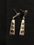 Multi-Colored Enamel Accented 35x7mm Two-Tier Pair of Satin Finish Sterling Silver Drop Earrings