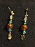 Tumbled Quartz, Turquoise & Amber Beaded 45x10m Gold-Tone Pair of Old Pawn Native American Sterling