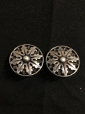 Round 24mm Diameter Handmade Old Pawn Sun Motif Pair of Sterling Silver Button Earrings