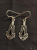 Vintage Filigree Decorated 40x11mm Pair of Sterling Silver Drop Earrings w/ Shield Shape Onyx Inlay