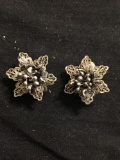 Floral Design 16mm Wide Sterling Silver Lace Decorated Pair of Sterling Silver Button Earrings