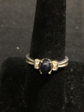 Oval 7x5mm Lapis Cabochon Center w/ Round Rhinestone Accents STS Designer Sterling Silver Ring Band