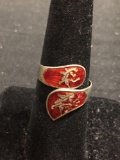 Red Enameled Siam Designer Mekhala & Ramasura Motif 20mm Wide Tapered Bypass Sterling Silver Ring