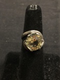 Round Faceted 12mm Smokey Topaz Center Buttercup Set Old Pawn Mexico Bypass Sterling Silver Ring